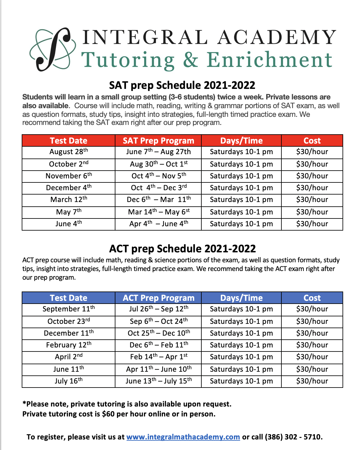 SAT/ACT Prep Schedule Integral Academy